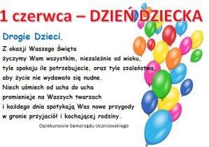 Życzenia z okazji Dnia Dziecka od Samorządu Uczniowskiego.
